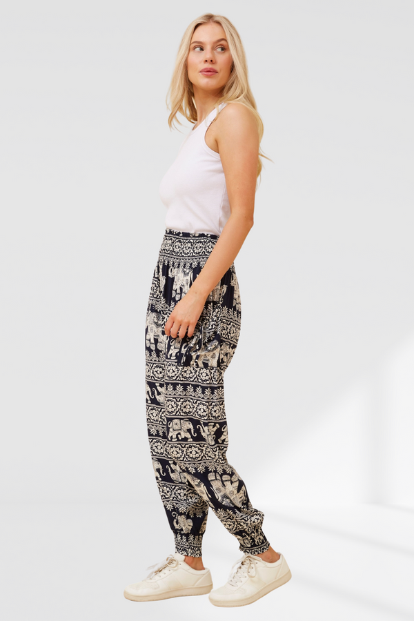 Elephant Print Boho Harem Pants  - Navy