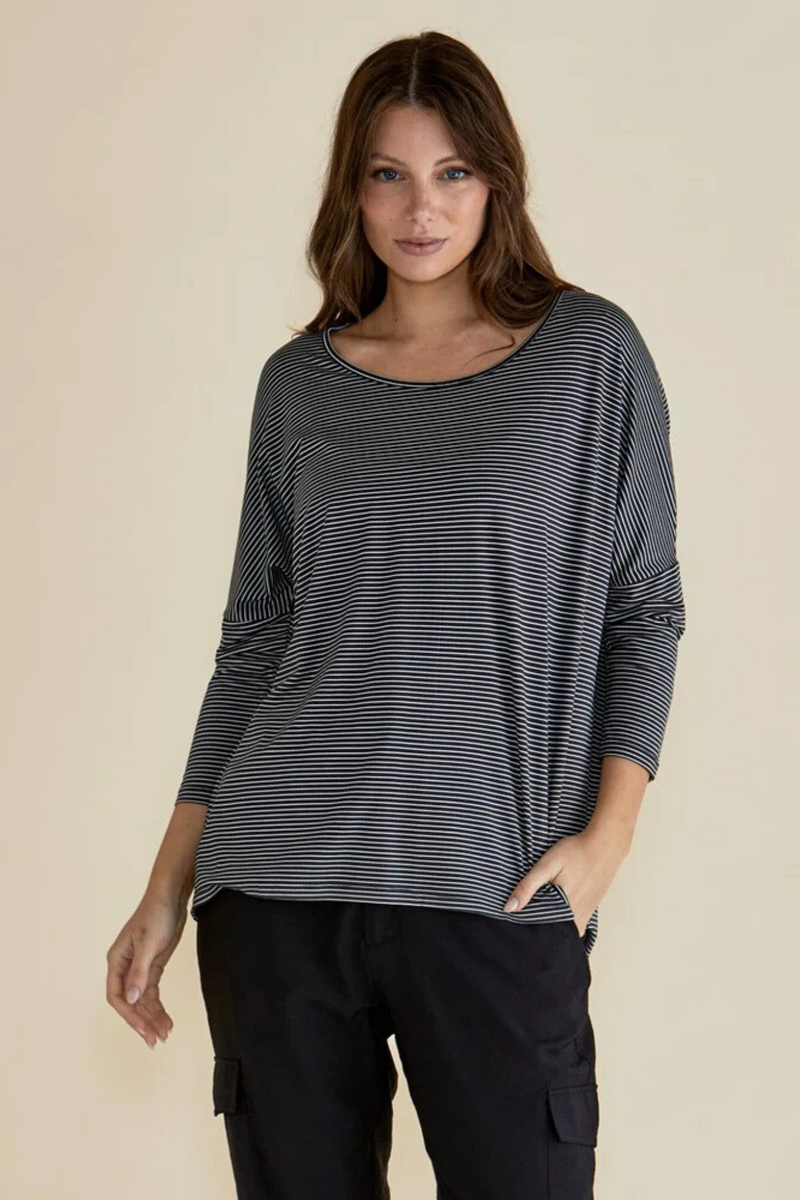 Milan 3/4 Sleeve Top - Charcoal Stripe | Betty Basics