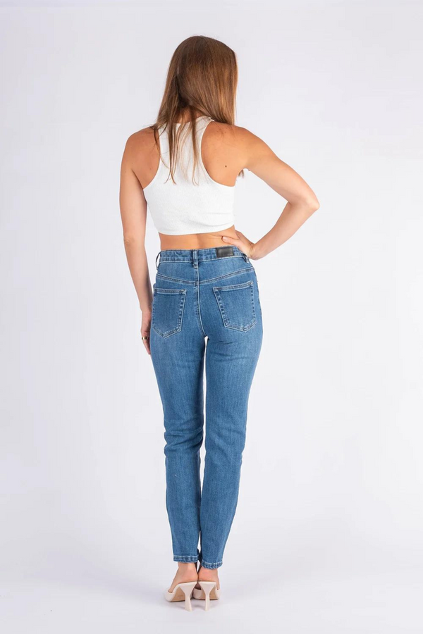 Wakee Straight Leg Stretch High Waisted Jeans - Blue