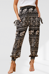 Elephant Print Boho Harem Pants  - Black