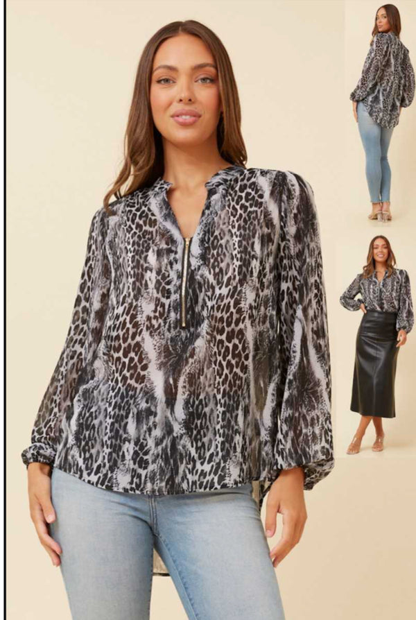 Animal print blouse with zip