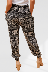 Elephant Print Boho Harem Pants  - Black