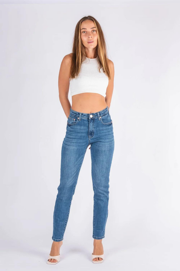 Wakee Straight Leg Stretch High Waisted Jeans - Blue