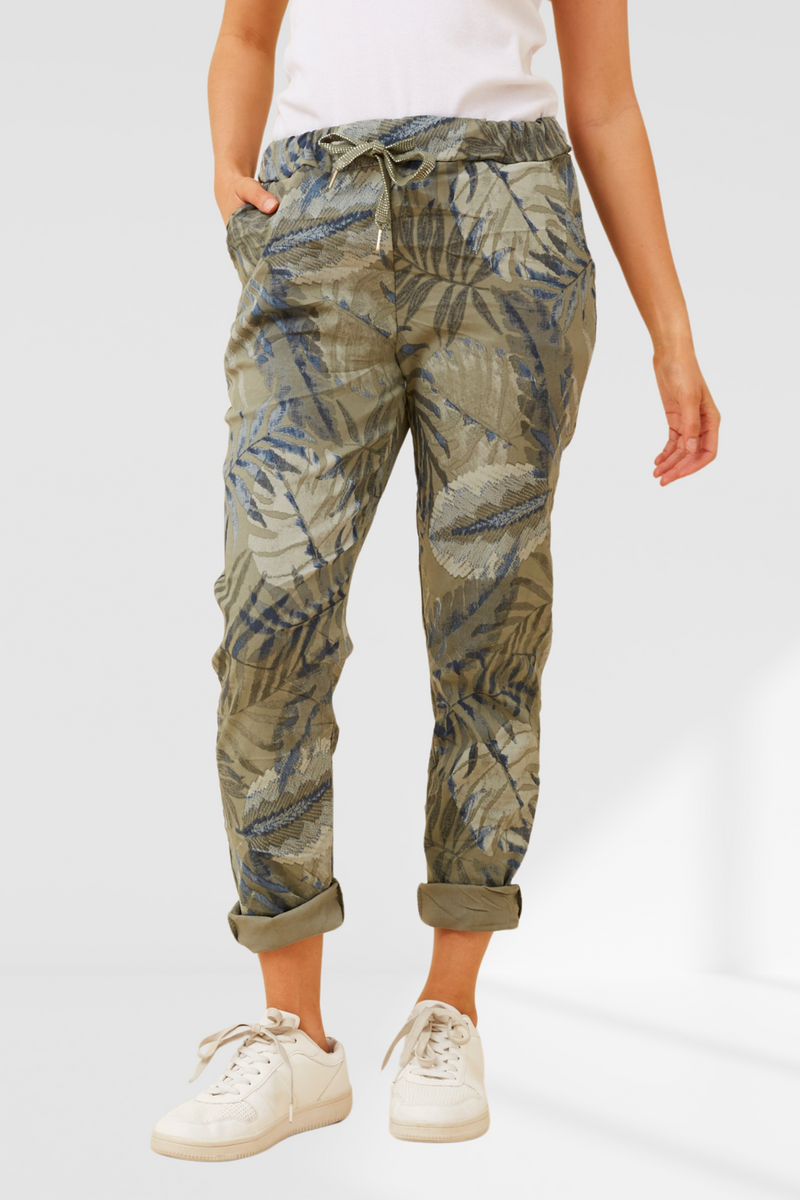 Jorja Pants - Khaki Leaf