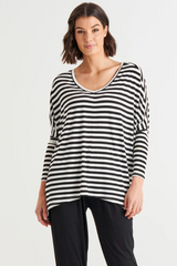 Betty Basics | Kyoto V-Neck Loose Stretchy Basic Tee - Black/White Stripe