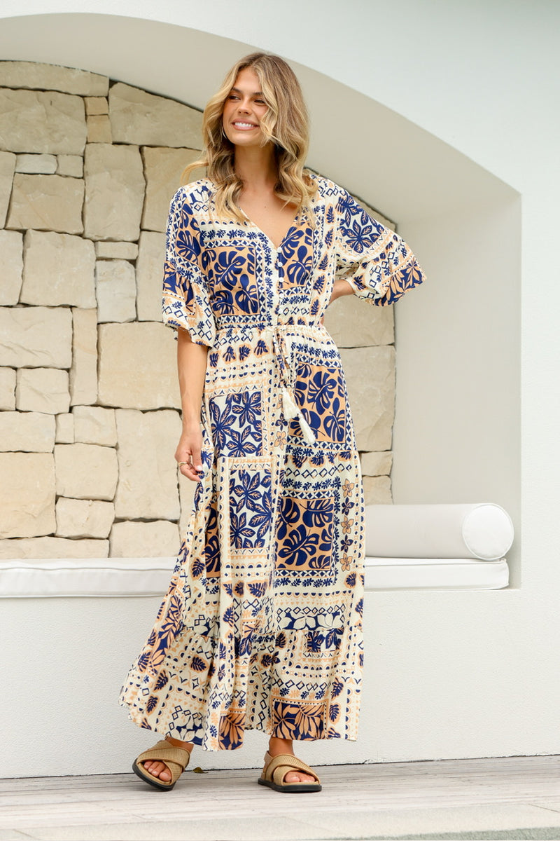 Sedona Button Drawstring Dress- latte/Indigo