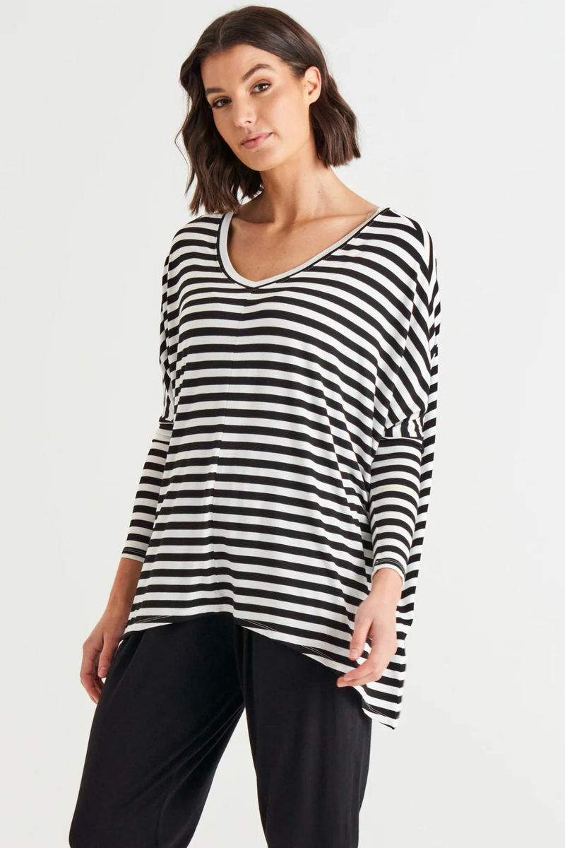 Betty Basics | Kyoto V-Neck Loose Stretchy Basic Tee - Black/White Stripe