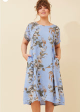 LINEN MIDI DRESS - blue