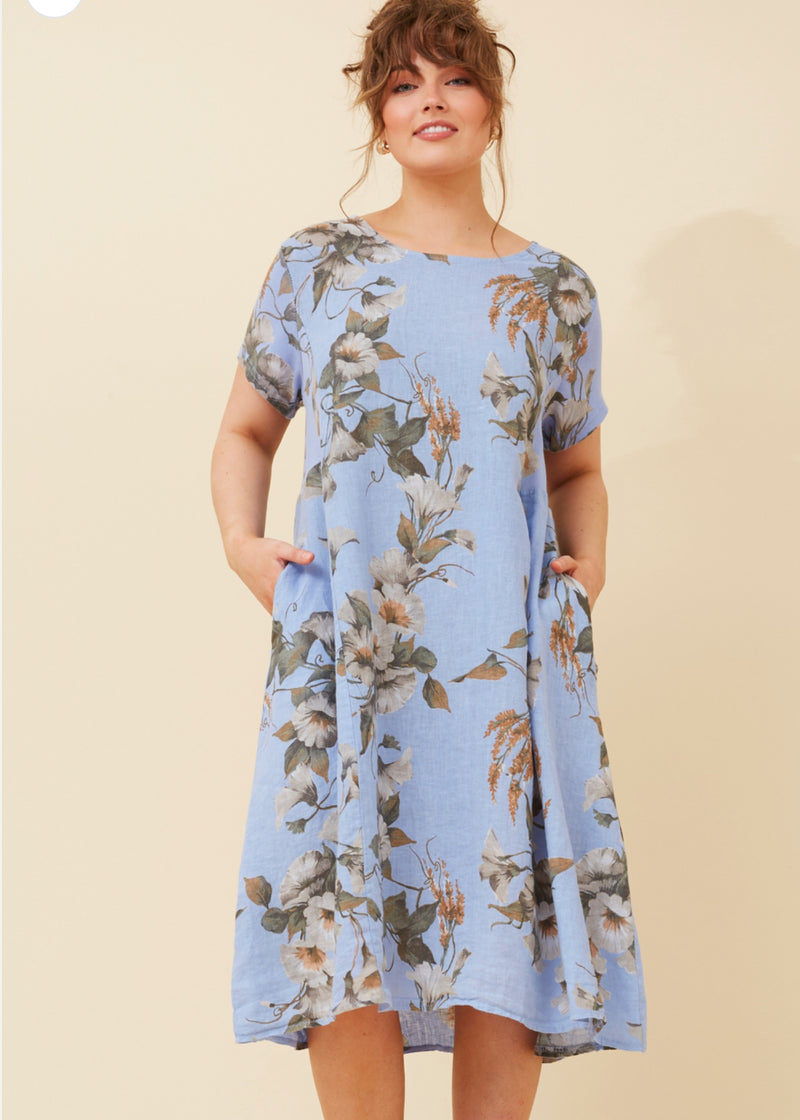 LINEN MIDI DRESS - blue