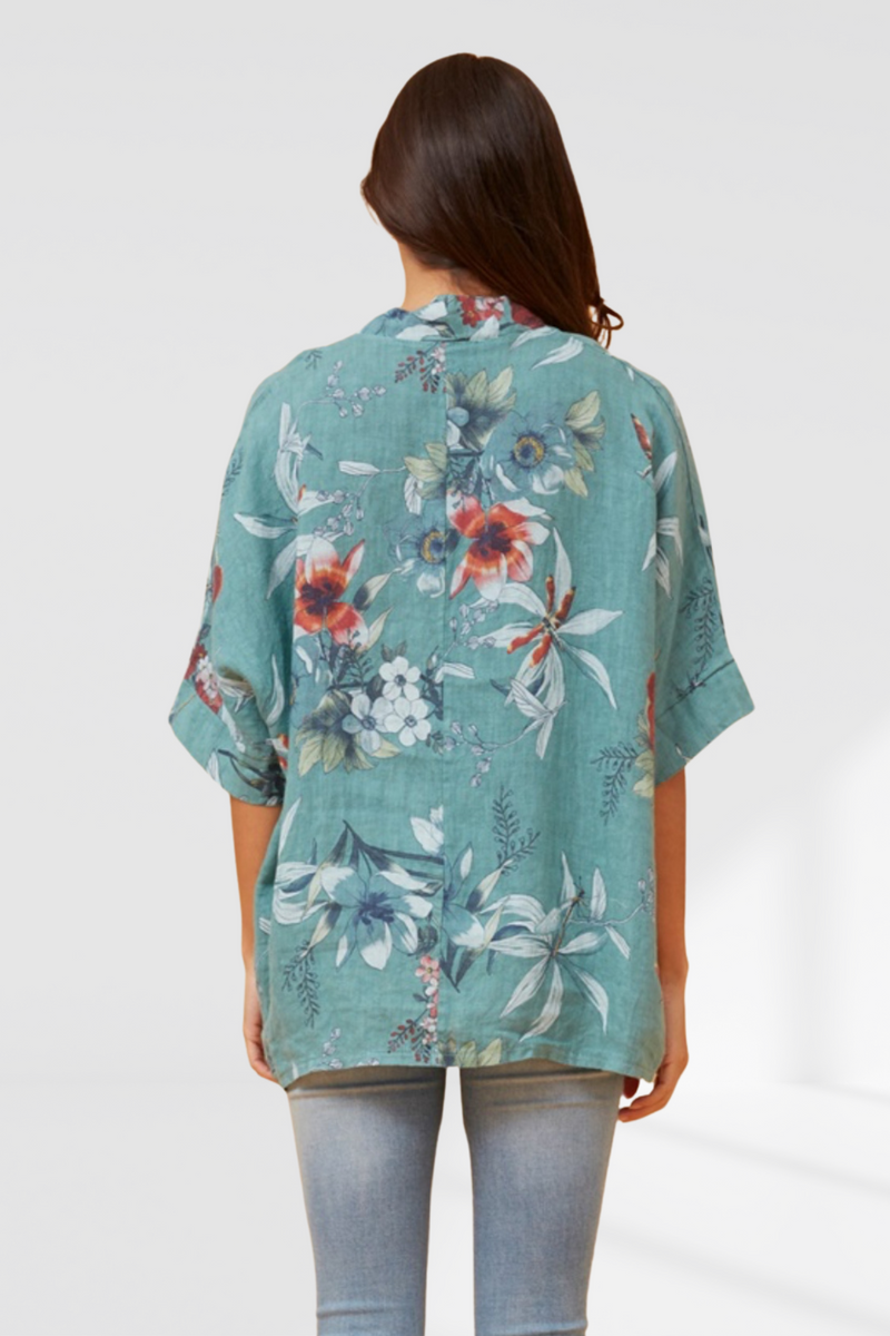 Floral linen shirt - Tiffany Blue