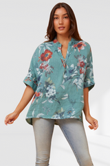 Floral linen shirt - Tiffany Blue