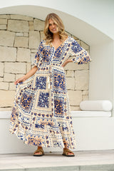 Sedona Button Drawstring Dress- latte/Indigo