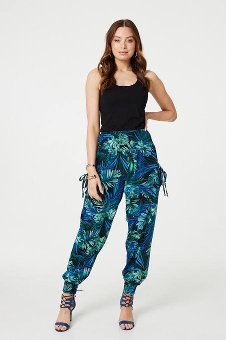 LEAF PRINT BOHO HAREM PANTS - MUlTI BLUE